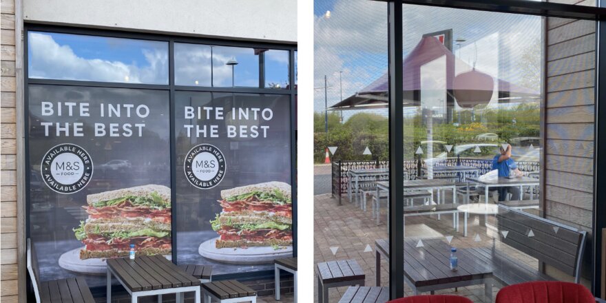 One-way Contra Vision® window graphics for M&S food on Costa Coffee windows. Left: outside view; right: view from inside with clear view out