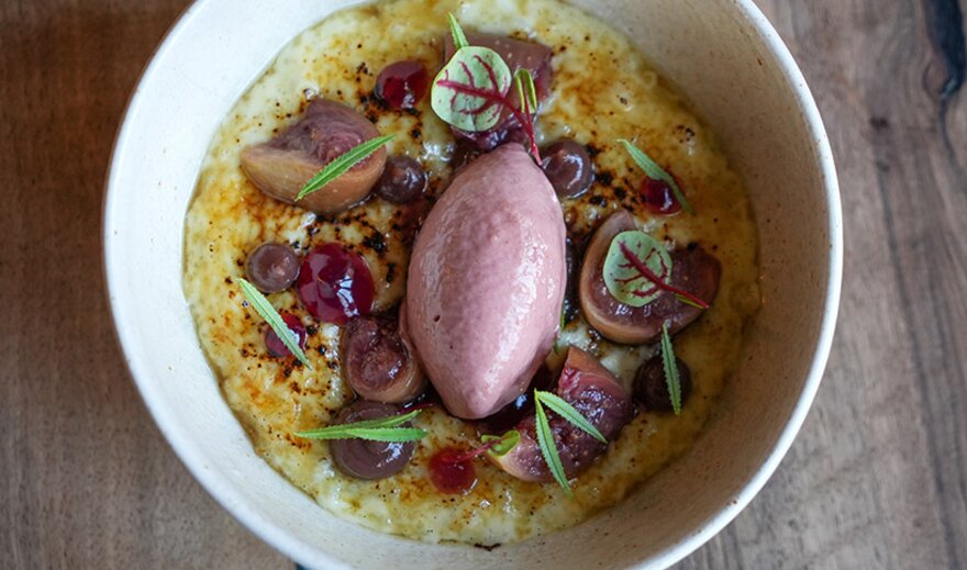 Caramelised vanilla rice pudding, poached figs, fig sorbet
