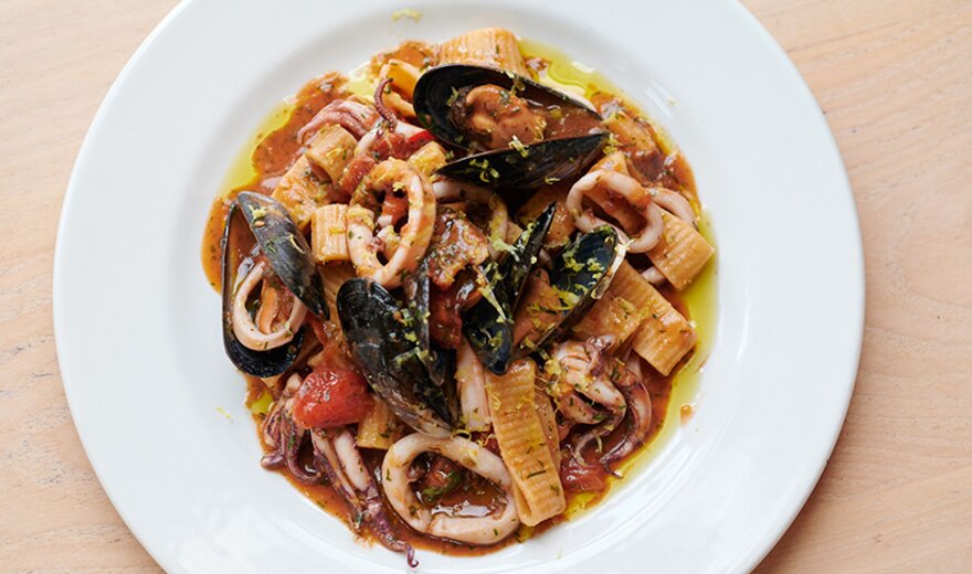 Seasonal seafood pasta with mussels and squid